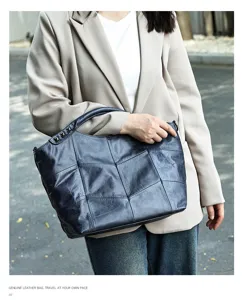 Genuine leather patchwork tote bag for women casual commuter crossbody shoulder handbag with studs.