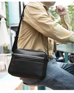 Bolso cruzado de cuero negro para hombre bolso mensajero de negocios informal con bolsillo.