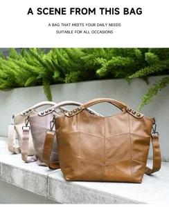 Detailed view of genuine leather patchwork crossbody bag with stylish metal rivet handle design.