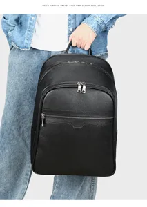 Men's black genuine leather backpack travel business casual computer daypack bag stylish