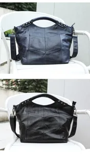 Genuine leather women handbag stylish commuter crossbody bag with patchwork design and metal studs.
