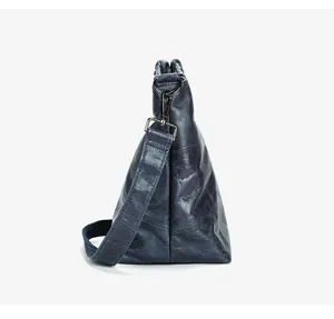 Dark blue genuine leather crossbody bag, crinkled texture women shoulder bag, casual commute.