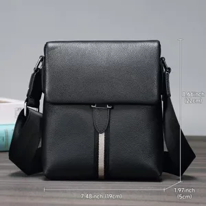Black genuine leather men crossbody bag with stylish center stripe and compact size.