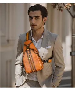 Men's vintage genuine leather chest bag detail, casual single shoulder crossbody bag.