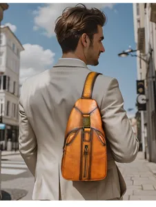 Vintage genuine leather sling bag for men, stylish retro chest bag for casual daily use.