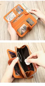 Men's genuine leather long wallet with zipper, multiple card slots, and coin pocket.