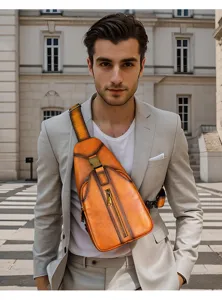 Men's retro leather chest bag detail, premium cowhide sling bag in vintage orange color.