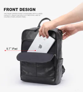 Black genuine leather backpack for men with large front pocket, fits 9.7-inch tablet easily.