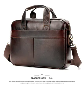 Vintage genuine leather business briefcase for men, top layer cowhide laptop shoulder bag.