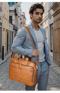 Sacoche d'affaires en cuir pour homme cartable ordinateur en détail scène modèle extérieur