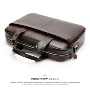 Men leather briefcase vintage brown laptop bag business office work messenger bag detail view