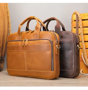Vue détaillée de la mallette professionnelle en cuir véritable, grand sac ordinateur 15.6.
