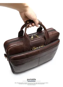Borsa da lavoro aziendale in vera pelle da uomo con doppi manici e scomparti con cerniera.
