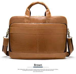 Borsa da lavoro in vera pelle marrone da uomo per computer portatile vista dettagli