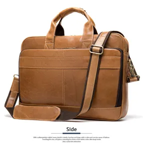Vista dettagliata della borsa da lavoro in pelle marrone, cuciture raffinate e accessori.