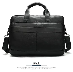 Vue détaillée du cartable en cuir noir avec poignée robuste et bandoulière réglable et pratique.