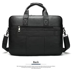 Détail de mallette d'affaires en cuir noir pour homme avec bandoulière et poche zippée avant.
