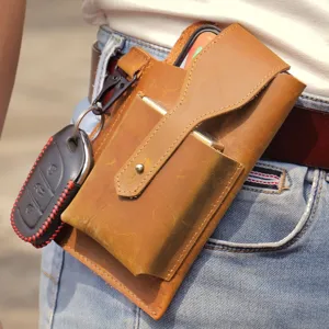 Men Genuine Leather Waist Bag Vintage Tactical Mobile Phone Holster Multi-Pocket Outdoor Casual Belt Fanny Pack