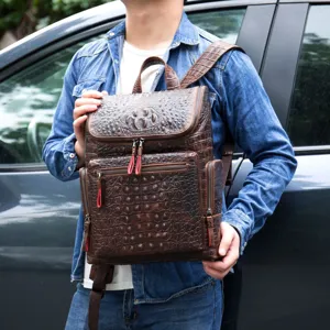 Zaino in Vera Pelle da Uomo Viaggio d'Affari Borsa per Computer Motivo Coccodrillo Casual Grande Capacità