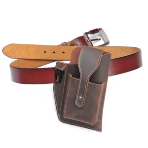 Men genuine leather phone holster pouch crazy horse leather tactical waist bag with belt