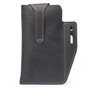 Men's genuine leather phone holster tactical waist bag vertical crazy horse leather pouch.