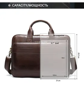 Vista dettagliata della borsa da lavoro in pelle marrone con indicatori di capacità e dimensioni.