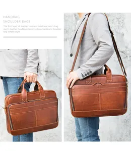 Borsa da lavoro in uomo pelle marrone vintage cartella tracolla per laptop 15.6 pollici.