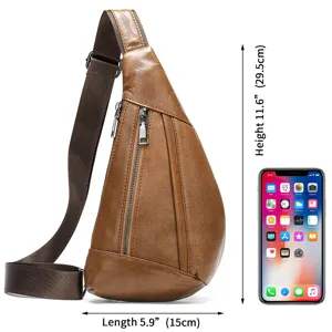 Men's brown leather sling bag casual chest crossbody daypack with adjustable strap