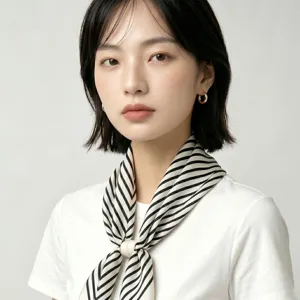 Close-up detail shot of the stylish black and white striped scarf featuring a chic magnetic buckle.