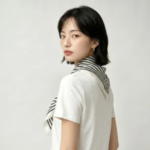 Chic black and white striped silk neckerchief, minimalist fashion commuter scarf accessory.
