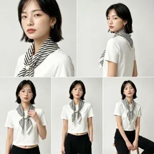 Women black white striped magnetic silk scarf minimalist commute neckerchief fashion accessory
