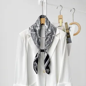 Elegant black and white map print silk scarf with magnetic clip for women daily commute.