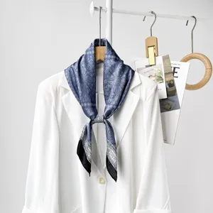 Women magnetic silk scarf detail, elegant floral print neckerchief for professional commute.