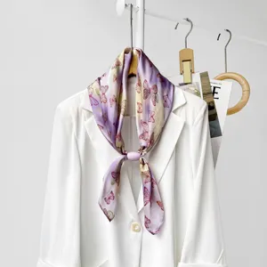 Elegant gradient purple butterfly silk scarf with magnetic clip for women commuting fashion.
