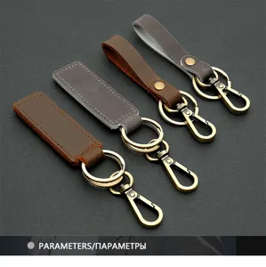 Vintage genuine leather car keychain set with metal hooks and rings for classic styling.