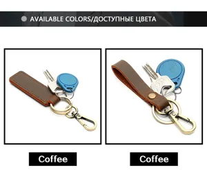 Vintage genuine leather car keychain with metal hook and double rings for men and women.