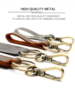 Vintage crazy horse leather car keychain with durable bronze metal hardware for daily use.