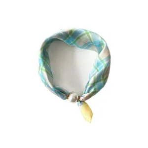 Blue and green plaid silk scarf with pearl magnetic buckle for women, thin neck wrap.