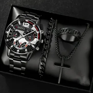 Detaillierte Nahaufnahme eines schwarzen Herren-Uhrensets mit Schmuck in Geschenkbox