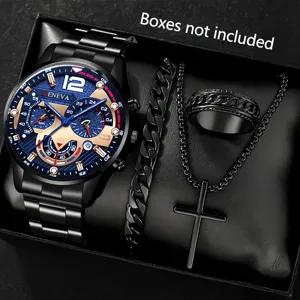 Luxuriöses Herren-Business-Uhren-Set mit schwarzem Armband, Ring und Kreuzkette schwarz