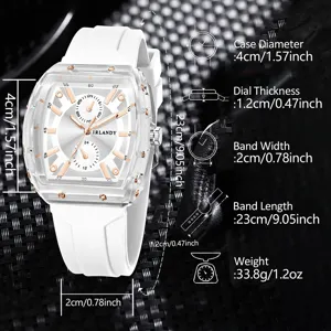 Detaillierte Maße einer transparenten Tonneau-Herrenuhr mit weißem Silikonarmband.