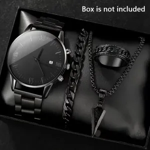Close-up of men's business calendar watch set with black bracelet, ring, and arrow necklace