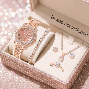 Detailansicht eines luxuriösen roségoldenen Strassuhren und Schmucksets in der Box