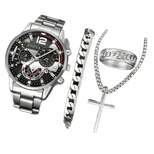 Detaillierte Ansicht des silbernen Herren-Uhrensets mit Panzerarmband und Ring