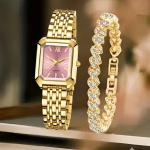 Luxuriöses goldenes Damenuhren-Set mit rosa rechteckigem Zifferblatt und Armband