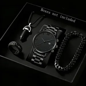 Luxury all-black men's business watch set with matching necklace, ring and bracelet