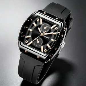 Nahaufnahme einer modischen Tonneau-Herrenquarzuhr mit einem schwarzen Silikonarmband