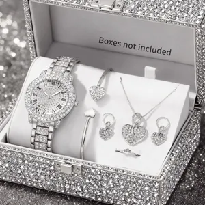 Detailansicht des silbernen Damen-Uhrensets mit Strasssteinen und Herzschmuck-Geschenk