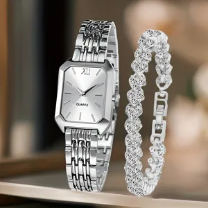 Elegantes silbernes Set aus quadratischer Quarzuhr und passendem Armband für Damen