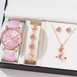 Detailansicht der rosa Quarzuhr und des herzförmigen Schmuck-Geschenksets